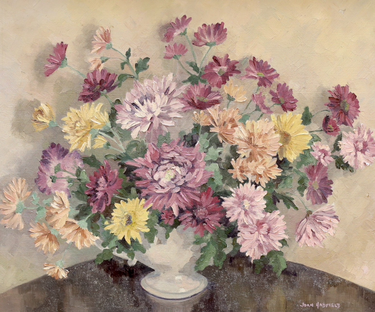 Joan Hadfield, oil on canvas, 'Chrysanthemums', signed, 50 x 60cm
